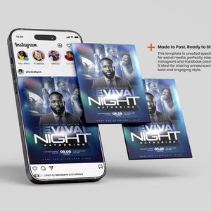May include: A smartphone displaying an Instagram feed with a digital flyer for a Revival Night Gathering featuring a man in a suit. Two additional floating copies of the same flyer are visible, along with the text Made to Post. Ready to Share.