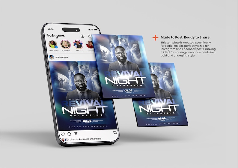 May include: A smartphone displaying an Instagram feed with a digital flyer for a Revival Night Gathering featuring a man in a suit. Two additional floating copies of the same flyer are visible, along with the text Made to Post. Ready to Share.