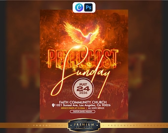 May include: A digital flyer for Pentecost Sunday on May 24, 2026, at Faith Community Church, 1021 Sunset Ave, Los Angeles, CA 90026. The design features a fiery dove, bold orange text, and details for a 10:30 AM all-white service with Pastor David Wilson.