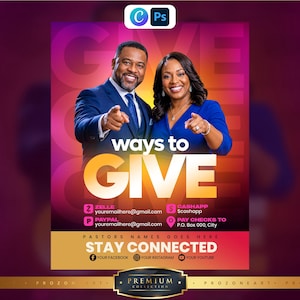 May include: A digital flyer titled ways to GIVE featuring a smiling person in a navy suit and a smiling person in a blue dress pointing forward. The background is a gradient of purple, orange, and red, with text for Zelle, CashApp, PayPal, and mailing address.