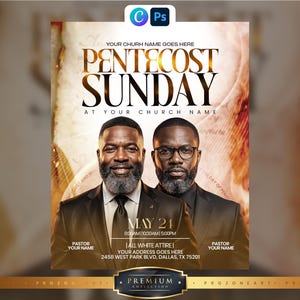 May include: A digital flyer for Pentecost Sunday featuring two men in dark suits and ties. The text reads: YOUR CHURH NAME GOES HERE, PENTECOST SUNDAY, AT YOUR CHURCH NAME, MAY 24, 8:00AM | 10:30AM | 5:00PM, ALL WHITE ATTIRE, YOUR ADDRESS GOES HERE.