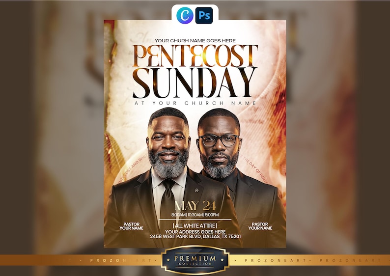 May include: A digital flyer for Pentecost Sunday featuring two men in dark suits and ties. The text reads: YOUR CHURH NAME GOES HERE, PENTECOST SUNDAY, AT YOUR CHURCH NAME, MAY 24, 8:00AM | 10:30AM | 5:00PM, ALL WHITE ATTIRE, YOUR ADDRESS GOES HERE.