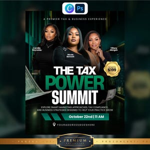 Peut inclure: Un dépliant promotionnel pour The Tax Power Summit avec trois personnes, le texte indique A Premier Tax & Business Experience, The Tax Power Summit, Explore Smart Marketing Approaches, Tax Compliance, and Business Strategies, 22 octobre, 11h.