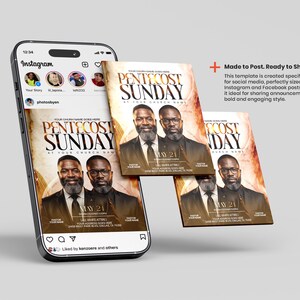 May include: A smartphone displaying an Instagram feed with a Pentecost Sunday church event flyer template. The flyer features two men in suits, gold text, and the date May 24. Floating copies of the same flyer are positioned next to the phone screen.