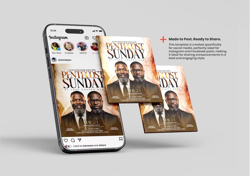 May include: A smartphone displaying an Instagram feed with a Pentecost Sunday church event flyer template. The flyer features two men in suits, gold text, and the date May 24. Floating copies of the same flyer are positioned next to the phone screen.