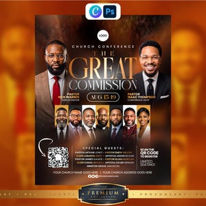 May include: A church conference flyer titled The Great Commission featuring portraits of Pastor Rick Warren and Pastor Isaac Thompson, dates Aug 15-19, a list of special guests, and a QR code for registration on a dark brown background.