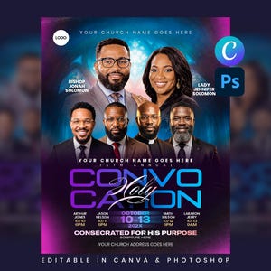 May include: A digital flyer template for a church event featuring six individuals in formal attire against a purple and blue background. Text includes "15th Annual Holy Convocation," dates "October 10-13," and "Consecrated for His Purpose" with placeholders.