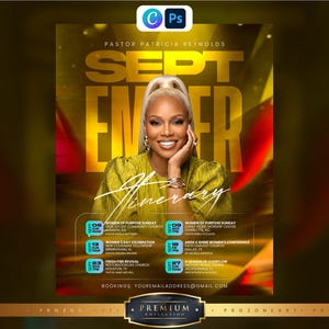 Op de afbeelding: Een digitale evenementenflyer met een portret van Pastor Patricia Reynolds in een gouden top, met de tekst SEPTEMBER ITINERARY en een schema van kerkelijke evenementen. De achtergrond heeft een warm, gloeiend goud en rood lichteffect.