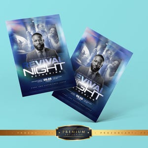 May include: Two rectangular flyers for a Revival Night Gathering event, featuring a blue gradient background, a portrait of a man in a suit, and text including Revival Night Gathering, 09.06, and Come and Experience Jesus, displayed at an angle.