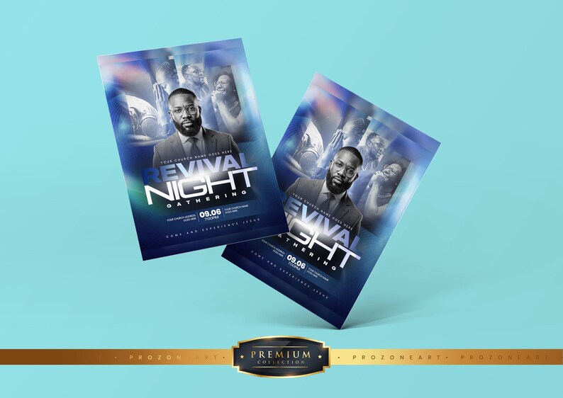 May include: Two rectangular flyers for a Revival Night Gathering event, featuring a blue gradient background, a portrait of a man in a suit, and text including Revival Night Gathering, 09.06, and Come and Experience Jesus, displayed at an angle.