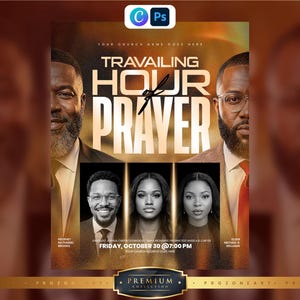 Peut inclure: Un dépliant numérique pour un événement religieux intitulé TRAVAILING HOUR of PRAYER. Le design présente les portraits de deux hommes et deux femmes, des dégradés dorés et marron foncé, et le texte indiquant la date du vendredi 30 octobre à 19h.
