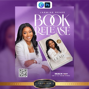 May include: A purple promotional flyer for a book release by Jasmine Renee. It features a portrait of the author in a white blazer and a book titled Called to Lead. The text includes Book Release, the author's name, and a QR code for scanning.