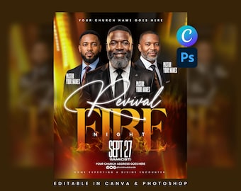May include: A digital flyer template for a church event titled Revival Fire Night on Sept 27. It features three men in suits, golden flame graphics, and placeholders for church name, pastor names, and address. Includes Canva and Photoshop icons.