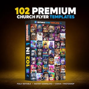 Pode incluir: Uma caixa de produto digital exibindo 102 modelos de folhetos de igreja premium. A caixa apresenta uma grade de vários designs de folhetos, com o texto 102 Premium Church Flyer Templates, 102 in 1, Editable Flyer Templates, Canva e Ps.