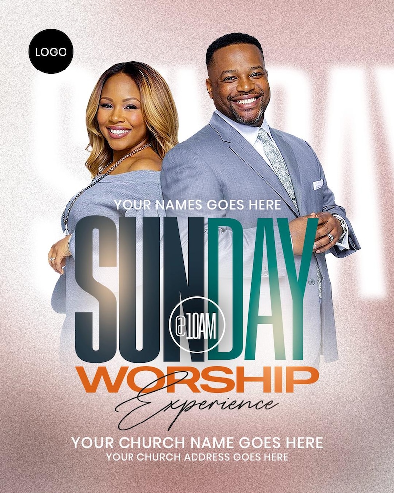 May include: A promotional flyer for a Sunday worship experience featuring a smiling individual in a grey top and another in a grey suit and tie. The text reads: YOUR NAMES GOES HERE, SUNDAY @10AM, WORSHIP Experience, YOUR CHURCH NAME GOES HERE, YOUR CHURCH ADDRESS GOES HERE.