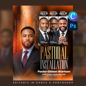 Pode incluir: Um modelo de folheto digital para um evento de instalação pastoral com um retrato de uma pessoa de terno e gravata, três retratos menores de indivíduos e texto incluindo "PASTORAL INSTALLATION" e "PASTOR GIDEON WARTSON".