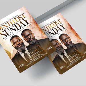 May include: A rectangular flyer for Pentecost Sunday featuring a portrait of a man in a suit and glasses. The text reads: PENTECOST SUNDAY, YOUR CHURCH NAME GOES HERE, MAY 21, 10:00AM | 5:00PM, ALL WHITE ATTIRE, YOUR ADDRESS GOES HERE, 2458 WEST PARK BLVD, DALLAS, TX 75201.