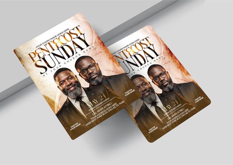 May include: A rectangular flyer for Pentecost Sunday featuring a portrait of a man in a suit and glasses. The text reads: PENTECOST SUNDAY, YOUR CHURCH NAME GOES HERE, MAY 21, 10:00AM | 5:00PM, ALL WHITE ATTIRE, YOUR ADDRESS GOES HERE, 2458 WEST PARK BLVD, DALLAS, TX 75201.