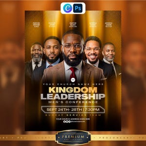 Op de afbeelding: Een promotieflyer voor een Kingdom Leadership conferentie met vijf personen in pak tegen een goudkleurige achtergrond. De tekst bevat Kingdom Leadership, Sept 24th-28th, 7:30PM en Sunday Service 10AM. Het professionele ontwerp toont de namen boven elke persoon.