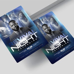 May include: A rectangular flyer for a Revival Night Gathering featuring a man in a suit and glasses, with blue and dark gradients. The text reads Revival Night Gathering, 09.06, 7:00PM, Come and Experience Jesus, and placeholders for church name and address.