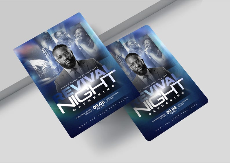 May include: A rectangular flyer for a Revival Night Gathering featuring a man in a suit and glasses, with blue and dark gradients. The text reads Revival Night Gathering, 09.06, 7:00PM, Come and Experience Jesus, and placeholders for church name and address.
