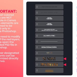 May include: A digital design template featuring a vertical list of dark gray rectangular text boxes on a gradient background. Text includes instructions about Canva and Photoshop compatibility, plus placeholders for event details like names, addresses, and times.