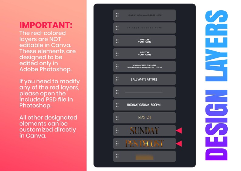 May include: A digital design template featuring a vertical list of dark gray rectangular text boxes on a gradient background. Text includes instructions about Canva and Photoshop compatibility, plus placeholders for event details like names, addresses, and times.