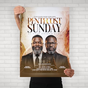 May include: A Pentecost Sunday church event flyer featuring two men in dark suits and ties. The text reads: YOUR CHURH NAME GOES HERE, PENTECOST SUNDAY, AT YOUR CHURCH NAME, MAY 24, 8:00AM | 10:30AM | 5:00PM, ALL WHITE ATTIRE, YOUR ADDRESS GOES HERE, 2458 WEST PARK BLVD, DALLAS, TX 75201.