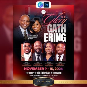 以下が含まれることがあります： The Glory Gatheringと題された教会のイベントチラシで、6人の人物のポートレートが掲載されています。テキストには2026年11月9日から15日までの日付、講演者の名前、およびGrace Point Community Churchの聖句The Glory of the Lord Shall Be Revealedが含まれています。