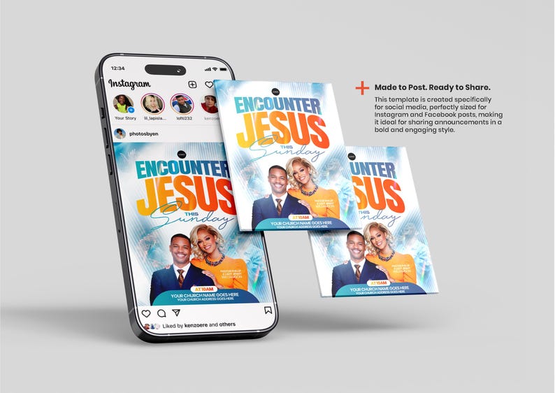 May include: A smartphone displaying an Instagram feed with a digital flyer titled Encounter Jesus This Sunday, featuring a photograph of a couple, bold blue and orange text, and placeholders for church details, alongside two floating versions of the flyer.