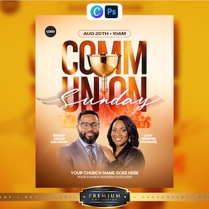 May include: A flyer for Communion Sunday on August 20th at 10AM featuring a gold chalice, grapes, and portraits of Bishop Jonah Solomon and Lady Jennifer Solomon. The design includes placeholders for church name and address in a warm gold tone.