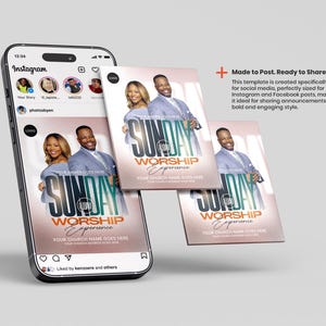 May include: A smartphone displaying an Instagram feed with a digital flyer template for a Sunday Worship Experience. The flyer features a man and woman, the text "SUNDAY WORSHIP EXPERIENCE," and placeholders for church details. Text reads: "Made to Post. Ready to Share."