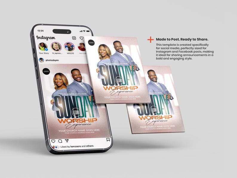 May include: A smartphone displaying an Instagram feed with a digital flyer template for a Sunday Worship Experience. The flyer features a man and woman, the text "SUNDAY WORSHIP EXPERIENCE," and placeholders for church details. Text reads: "Made to Post. Ready to Share."