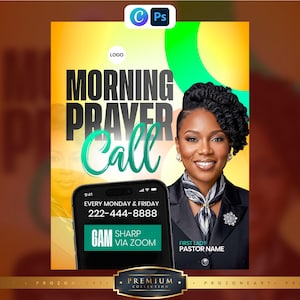 Può includere: Un volantino digitale per una chiamata di preghiera mattutina con una persona sorridente in blazer nero, sciarpa fantasia e spilla argentata. Il testo recita Morning Prayer Call, Every Monday & Friday, 222-444-8888, 6AM Sharp Via Zoom.