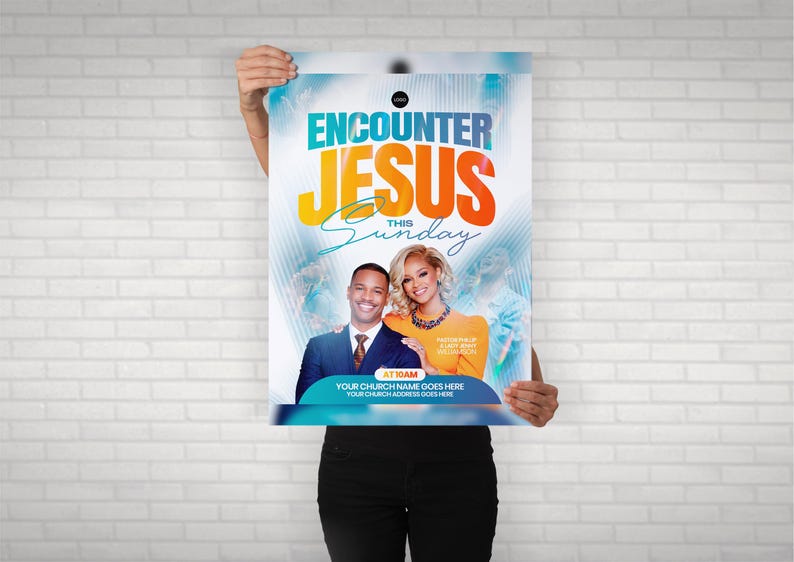 May include: A rectangular church event flyer featuring the bold text ENCOUNTER JESUS THIS SUNDAY. The design includes a photograph of a man in a suit and a woman in an orange top, with blue and white abstract background elements and placeholder text.