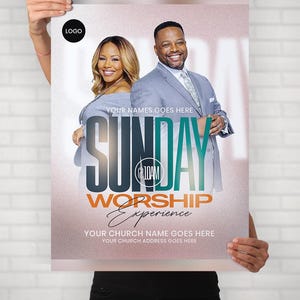 May include: A rectangular church event flyer featuring a man and woman in formal attire. Text includes "LOGO," "YOUR NAMES GOES HERE," "SUNDAY," "@10AM," "WORSHIP Experience," "YOUR CHURCH NAME GOES HERE," and "YOUR CHURCH ADDRESS GOES HERE" on a rose gold background.