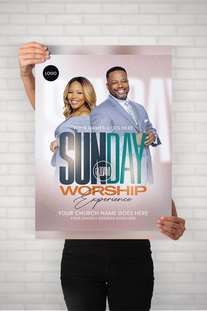 May include: A rectangular church event flyer featuring a man and woman in formal attire. Text includes "LOGO," "YOUR NAMES GOES HERE," "SUNDAY," "@10AM," "WORSHIP Experience," "YOUR CHURCH NAME GOES HERE," and "YOUR CHURCH ADDRESS GOES HERE" on a rose gold background.