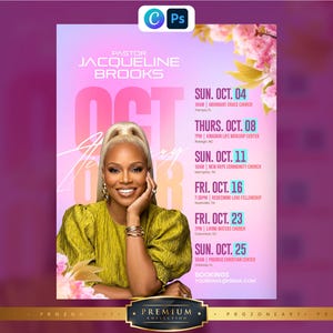 Puede incluir: Un folleto digital con un retrato de la pastora Jacqueline Brooks en una blusa color chartreuse. El fondo es un degradado suave en rosa y azul con flores de cerezo. El texto enumera las fechas, horas y lugares de octubre.