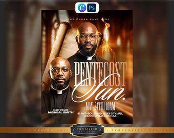 May include: A church event flyer featuring two images of a bearded man in a clerical collar and glasses. Text includes PENTECOST Sun. MAY 24TH 10AM, GUEST SPEAKER MICHEAL SMITH, and 45 FAITH BOULEVARD, BESIDE CITY MALL, HOUSTON, TEXAS 77002, USA.