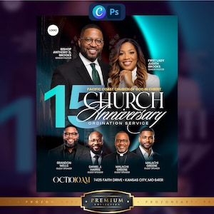 May include: A church anniversary flyer featuring portraits of Bishop Anthony D. Brooks, First Lady Judith Brooks, and guest speakers Brandon Wells, Daniel J. Harris, Malachi Greene, and Malachi Greene. The text reads 15 Church Anniversary Ordination Service.