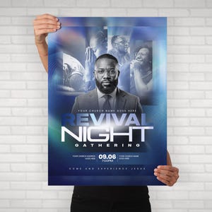 May include: A blue and white event flyer titled REVIVAL NIGHT GATHERING. It features a central portrait of a bearded person in a suit, surrounded by smaller black and white images of people in prayer. Text includes placeholders for church details, date 09.06, and time 7:00PM.
