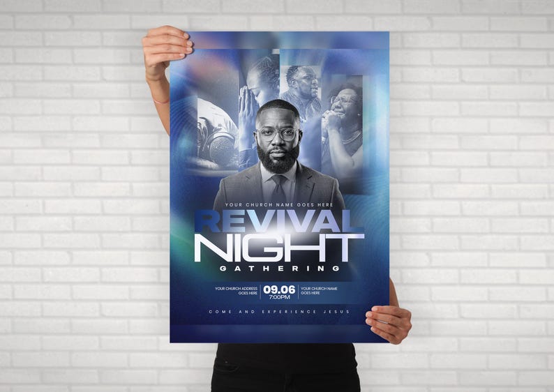 May include: A blue and white event flyer titled REVIVAL NIGHT GATHERING. It features a central portrait of a bearded person in a suit, surrounded by smaller black and white images of people in prayer. Text includes placeholders for church details, date 09.06, and time 7:00PM.
