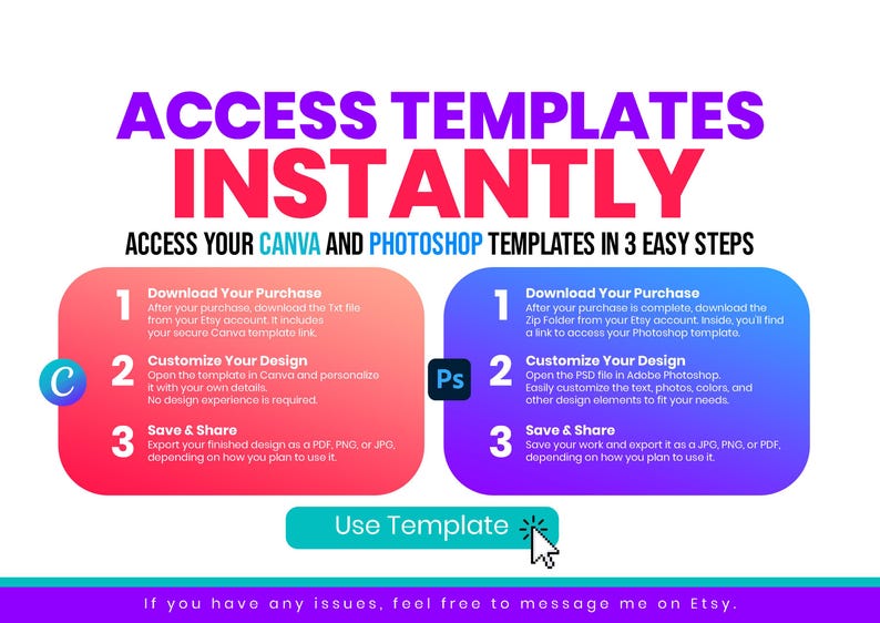 May include: A digital graphic with the text ACCESS TEMPLATES INSTANTLY and ACCESS YOUR CANVA AND PHOTOSHOP TEMPLATES IN 3 EASY STEPS. It features two rounded rectangles with gradient colors, listing three steps for Canva and Photoshop usage.