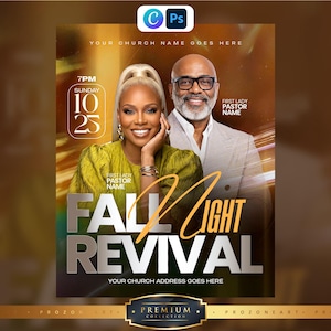 May include: A digital flyer for a Fall Night Revival event featuring a woman in a chartreuse top and a man in a grey blazer. The text includes Sunday 10 25 at 7PM, First Lady Pastor Name, and placeholders for church name and address.