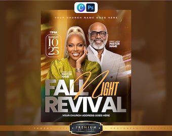 May include: A digital flyer for a Fall Night Revival event featuring a woman in a chartreuse top and a man in a grey blazer. The text includes Sunday 10 25 at 7PM, First Lady Pastor Name, and placeholders for church name and address.