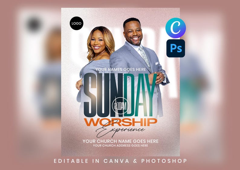 Sunday Worship Flyer Template | Sunday Service Flyer | Church Flyer | Editable Canva Photoshop Design (Digital Download) image 1