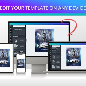 May include: A digital template displayed on a desktop computer, a laptop, a tablet, and a smartphone. The screen shows a flyer design for a Revival Night gathering featuring a man in a suit, with the text EDIT YOUR TEMPLATE ON ANY DEVICE.
