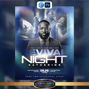 May include: A blue-toned flyer for a Revival Night Gathering featuring a central portrait of a person in a suit and glasses, surrounded by smaller images of people praying and singing. Text includes Revival Night Gathering, 09.06, 7:00PM.