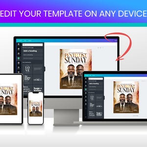 May include: A digital template display featuring a desktop computer, a laptop, a tablet, and a smartphone, all showing a flyer design with the text PENTECOST SUNDAY and a photo of two men. The top banner reads EDIT YOUR TEMPLATE ON ANY DEVICE.