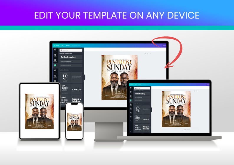 May include: A digital template display featuring a desktop computer, a laptop, a tablet, and a smartphone, all showing a flyer design with the text PENTECOST SUNDAY and a photo of two men. The top banner reads EDIT YOUR TEMPLATE ON ANY DEVICE.